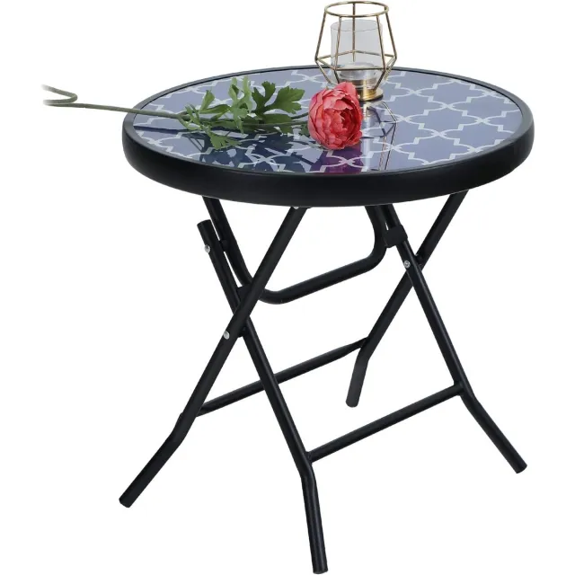 Famanu Inklapbare ronde bijzettafel van metaal met glas - tuintafel - koffietafel - klein - balkontafel - weerbestendig - onderhoudsvriendelijk Veelkleurig