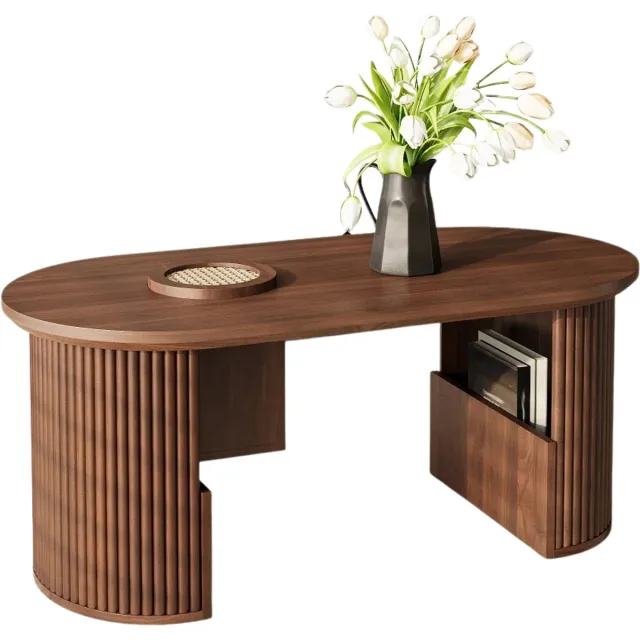 emvae Salontafel - Salontafel met Opbergruimte - Ovaal - Koffietafel - Retro - Walnootkleur - 105 x 50 x 46,5 cm Notenhout