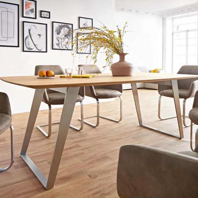 DELIFE Eetkamertafel Edge Boot eiken natuur 200x100x2,5-3 roestvrij staal schuin Bruin