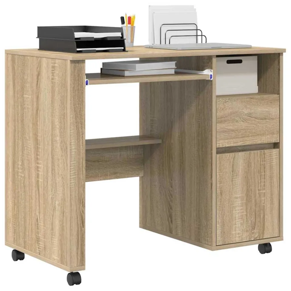 vidaXL Bureau met Wielen Sonoma Eiken 91 x 50 x 77 cm Bewerkt hout