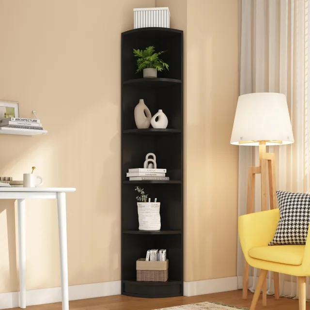 STILVORA Hoekboekenkast - Vijf Open Niveaus Voor Boeken - Ruimtebesparend Voor Woonkamer En Werkkamer - MDF - 42x30x180 Cm - Zwart
