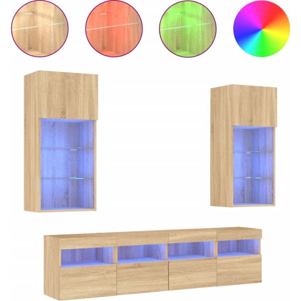 vidaXL 5-delige Tv-wandmeubelset met LED bewerkt hout sonoma eiken, foto 4