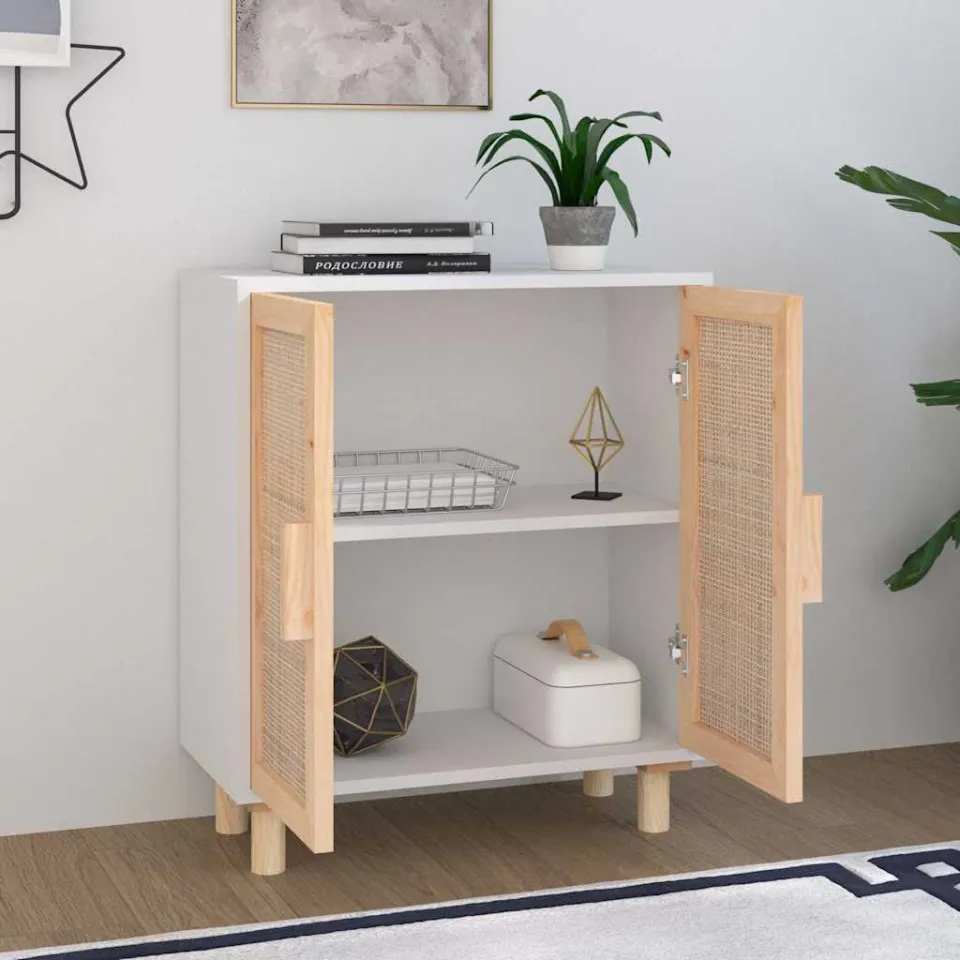 vidaXL Dressoir 60x30x70 cm massief grenenhout en rattan wit, foto 3