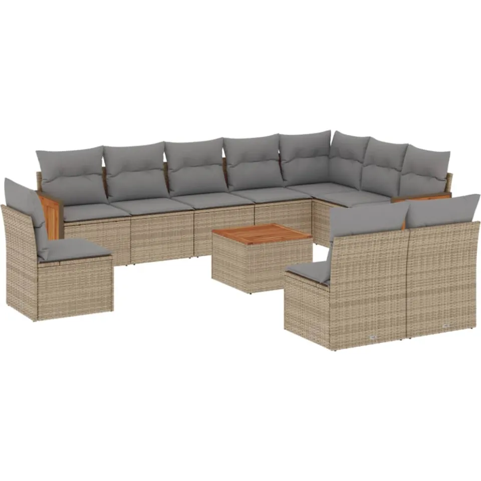 vidaXL 11-delige Tuinset met kussens poly rattan beige
