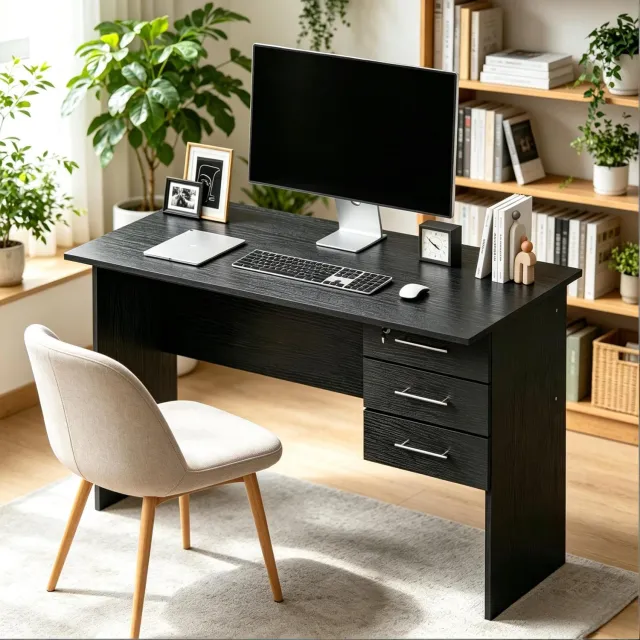 WUVRIE Bureau 120 x 60 x 75 cm - 3 lades met afsluitbare bovenlade - Zwart