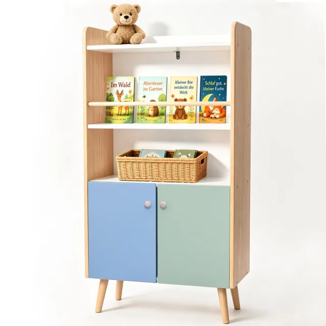 ALVIX Montessori Kinderboekenkast - Met Deuren en Opbergruimte - Voor Boeken en Speelgoed - 63,6 x 30 x 112,4 cm Naturel， Wit， Blauw， Saliegroen