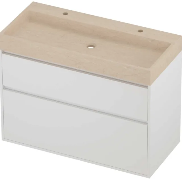Proline Evoli Badmeubelset Hardsteen Loft 2 Kraangaten Greeploos 100x46x75 cm Sand Stone Mat White Mat Wit