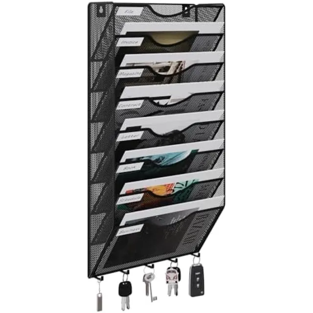PromoHome Wandmontage Documentenorganizer - 8 Laags Metaal Opbergsysteem met Haken Zwart-8