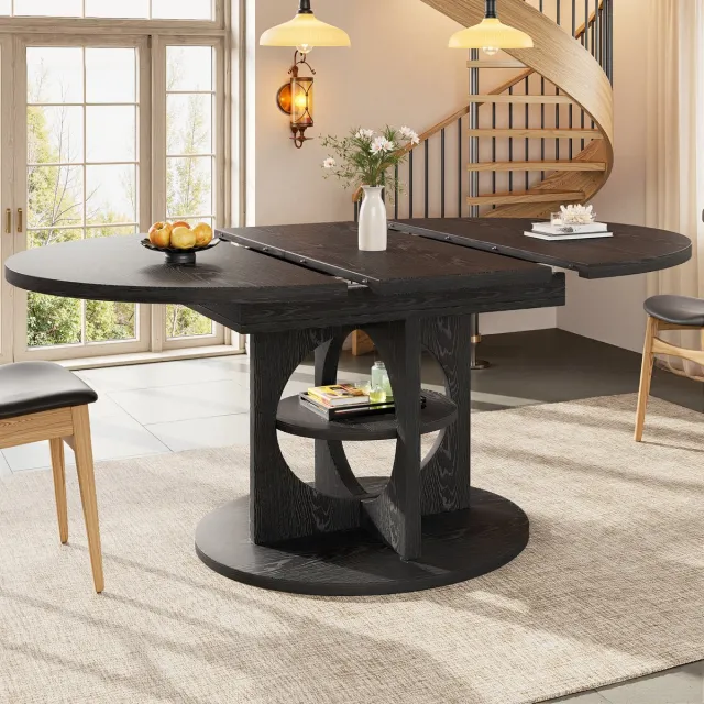MEUNIQ Uitschuifbare eettafel 110-150 cm in zwart houtlook met middenvak, ronde naar ovale vorm, voor eetkamer of keuken