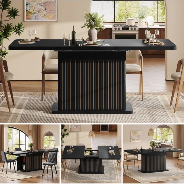 Clruro Eettafel - 120–160×80×76 cm - Uitschuifbaar - Verborgen Opbergvak - MDF - Zwart
