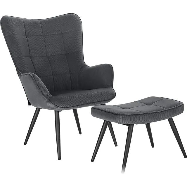 Saphly Fauteuil Deluxe met Hocker Donkergrijs - Donkergrijs Corduroy en Woonkamerstoel met armleuning en voetenbank - Voor Eetkamer, Keuken en Woonkamer