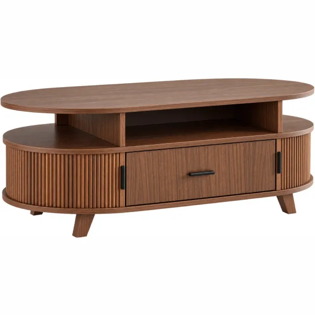 Noventra Salontafel Ovaal - Walnootbruin - Met Opbergruimte en Lade - Open Vakken - Geribbeld Design - Moderne Woonkamertafel - Houten Look - Zwarte Handgrepen