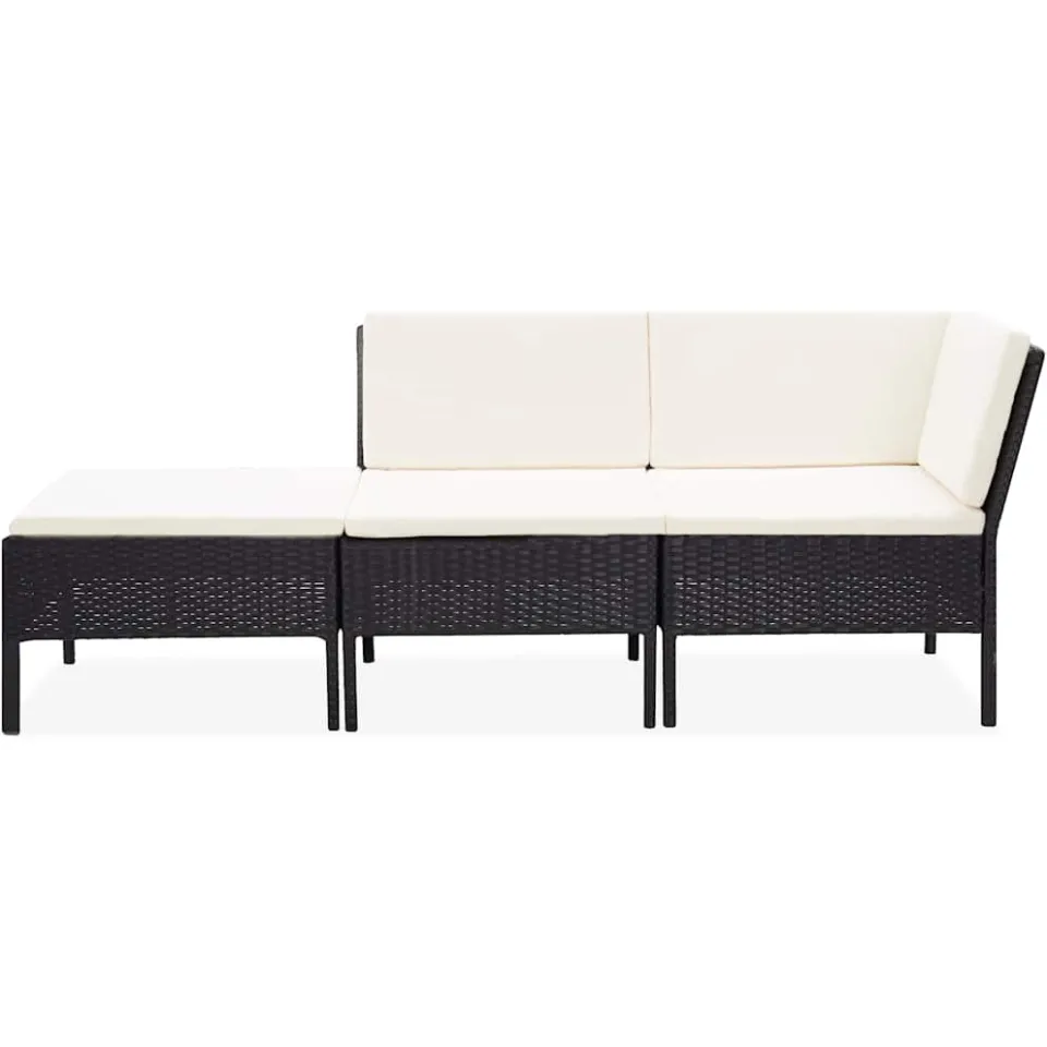 vidaXL 3-delige Loungeset met kussens poly rattan zwart, foto 2
