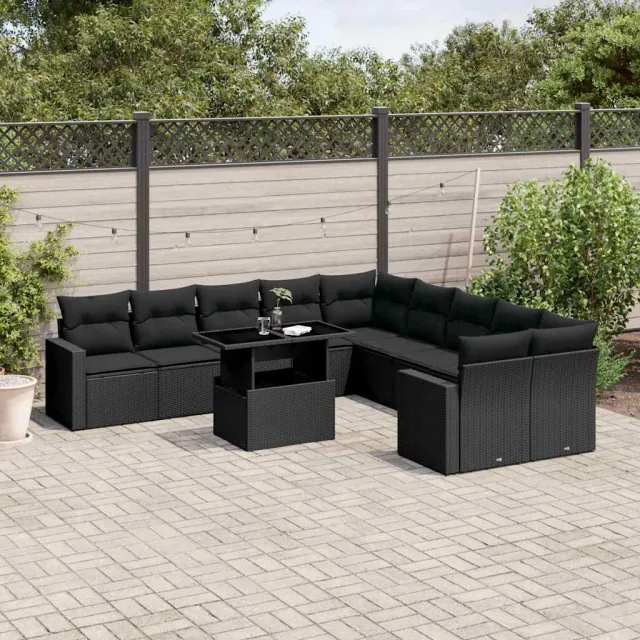 vidaXL 11-delige Loungeset met kussens poly rattan zwart, foto 2
