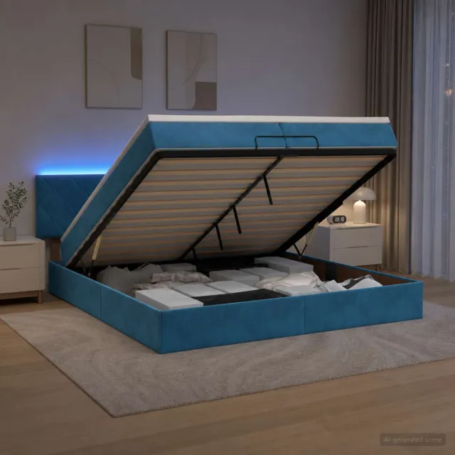 vidaXL Ottoman Bed met Matrassen en LED Donkerblauw 200 x 200 cm