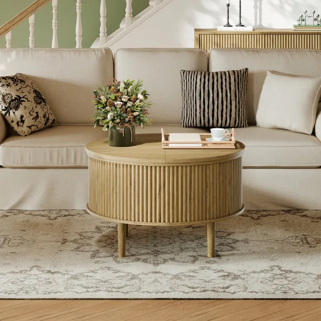 HAUSS SPOLE Salontafel - Rond Tafelblad met Opklapbare Delen en Opbergruimte - Voor de Woonkamer - Spaanplaat - Naturel - 80 x 80 x 50 cm Natuurlijke houtkleur