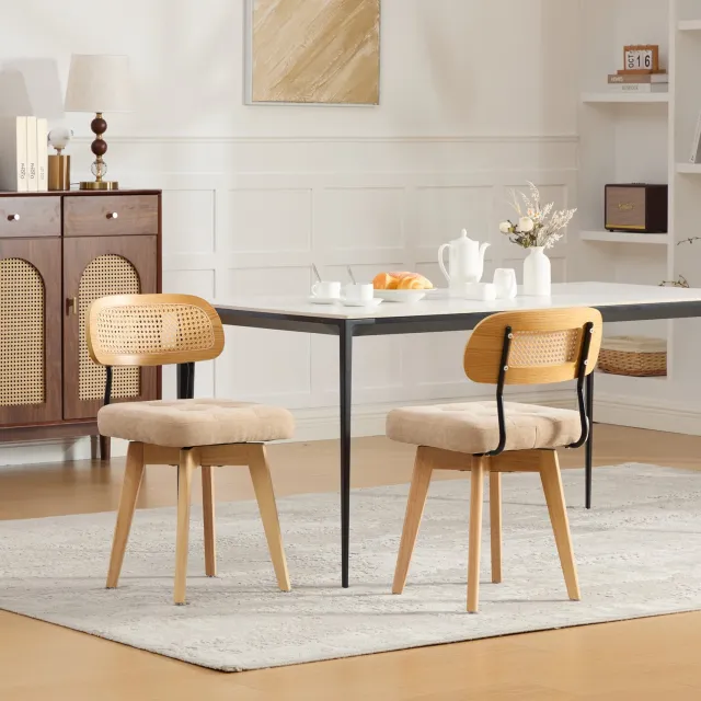 HAUSS SPOLE Eetkamerstoelen - Set van 2 - 360 Graden Draaibaar - Rotan Rugleuning en Zachte Zitting - Voor Eetkamer en Slaapkamer - Chenille Khaki