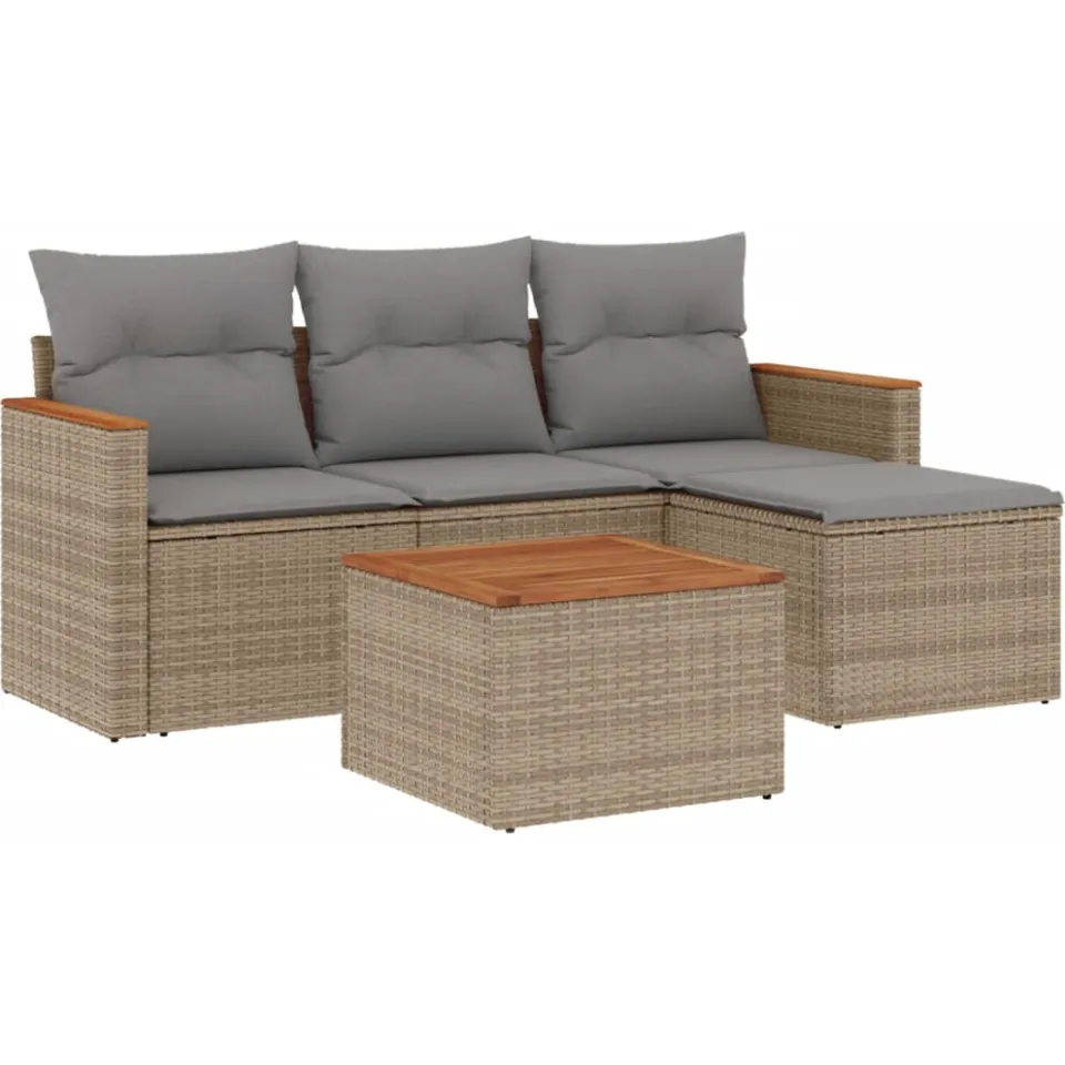 vidaXL 5-delige Loungeset met kussens poly rattan gemengd beige, foto 3