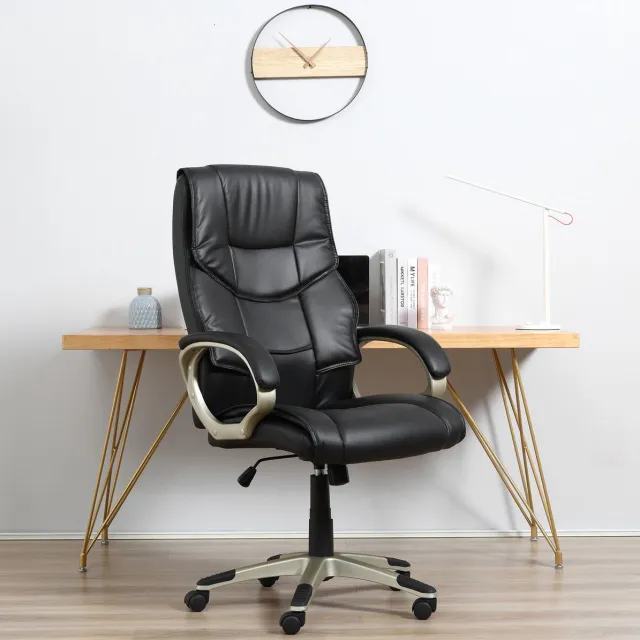 REDOM Bureaustoel - Hoogteverstelbaar en 360° draaibaar - Met wielen en wippfunctie - Ergonomische stijl - Kantoor - Kunstleer en metaal - Zwart - 70 x 58 x 114-124 cm