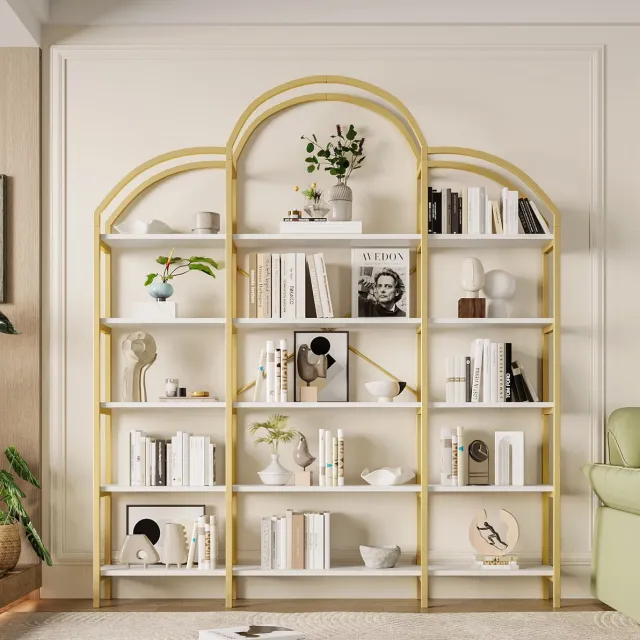 MEUNIQ Open boekenkast 170 x 26 x 190 cm met 5 legplanken, wolkenvormig detail en 15 kg draagvermogen per plank voor woonkamer of werkkamer, goud en wit
