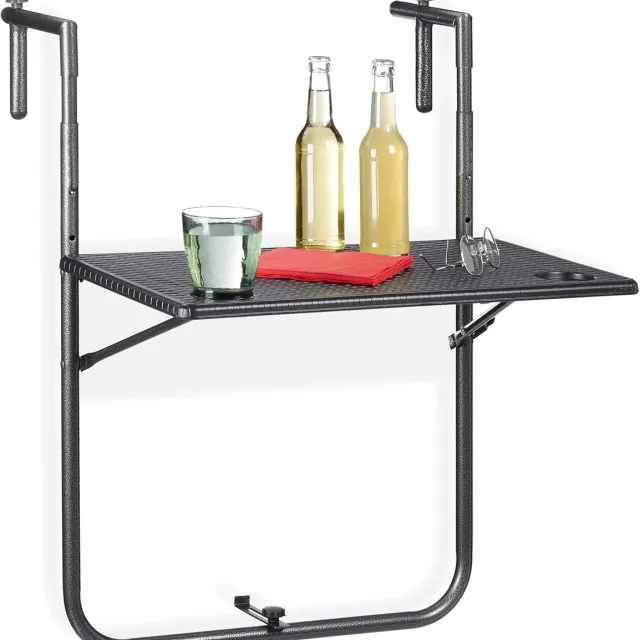 Famanu Balkontafel inklapbaar - hangend - verstelbaar op 3 hoogtes - weerbestendig - rotan look - BxD: 59,5 x 36 cm - zwart