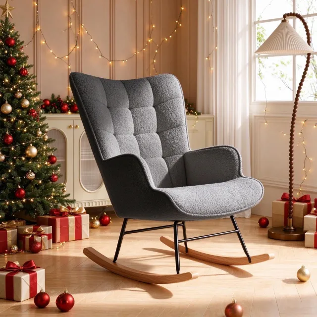 ROSAHQNDA Schommelstoel – Relaxstoel & Fauteuil met Armleuningen en Rugleuning – 60x75x92 cm – Moderne Gestoffeerde Stoel – Teddy Stof, Donkergrijs