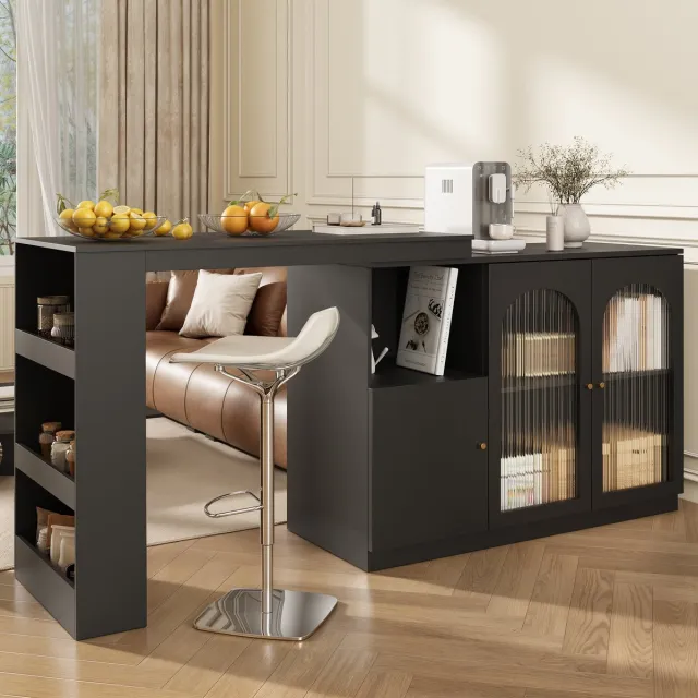 Merax 360° Draaibare Bartafel (120x40x97 cm) - Modern Zwart Draaimeubel met Glas Deur - Multifunctionele Opbergkast voor Eethoek of Bar