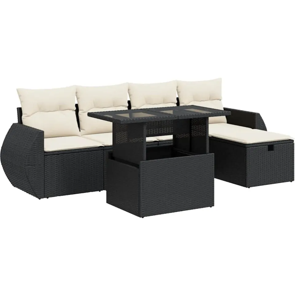 vidaXL 6-delige Loungeset met kussens poly rattan zwart, foto 3