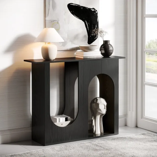 Questyr Smalle Consoletafel – 100 cm – Zwart – Moderne Gebogen Haltafel & Banktafel – Slank Metaal/Hout Ontwerp voor Entree & Woonkamer