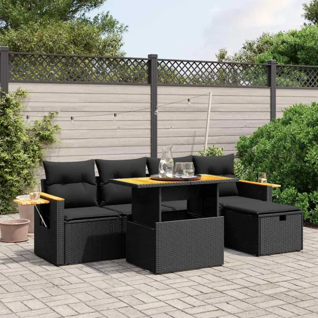 vidaXL 6-delige Loungeset met kussens poly rattan zwart, foto 2