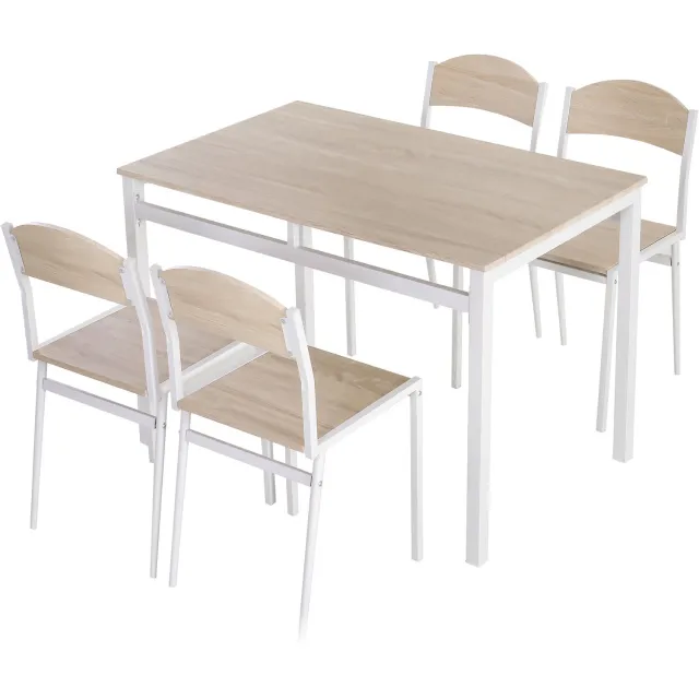 Homona Eettafelset - 5-delig - Met tafel en 4 stoelen - Van MDF en metaal - 100 x 63 x 76,5 cm - Wit/Houtlook Multi