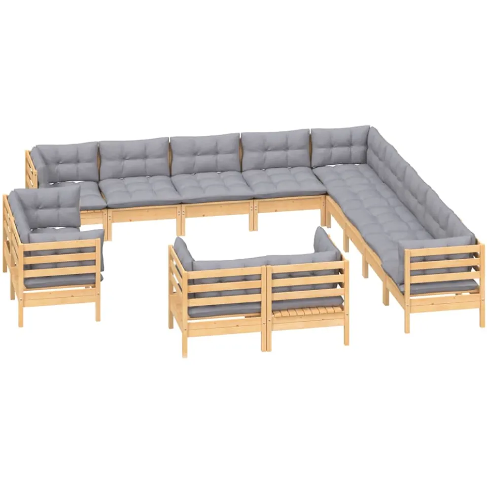 vidaXL 13-delige Loungeset met grijze kussens massief grenenhout Grijs
