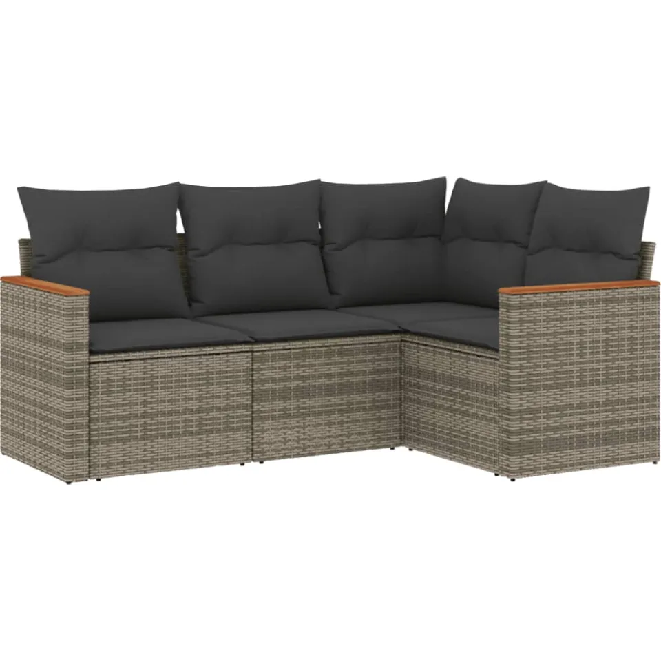 vidaXL 4-delige Loungeset met kussens poly rattan grijs, foto 3