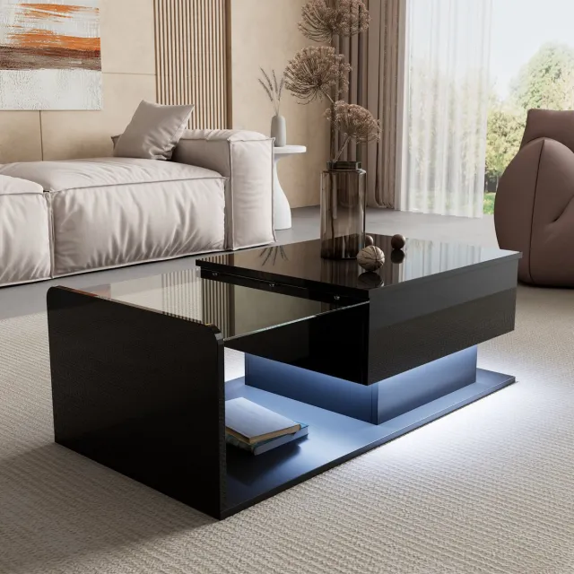 COVREO Salontafel 100 x 50 x 47,5 cm - hoogte verstelbaar, glas, LED, hoogglans zwart