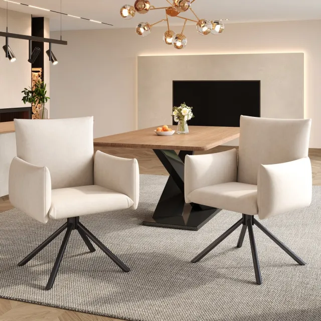 Clruro Eetkamerstoelen - 2 Stuks - Luxe Draaibare Stoelen - Met Lendensteun En 360° Draai - Metaal + Fluweel - Beige