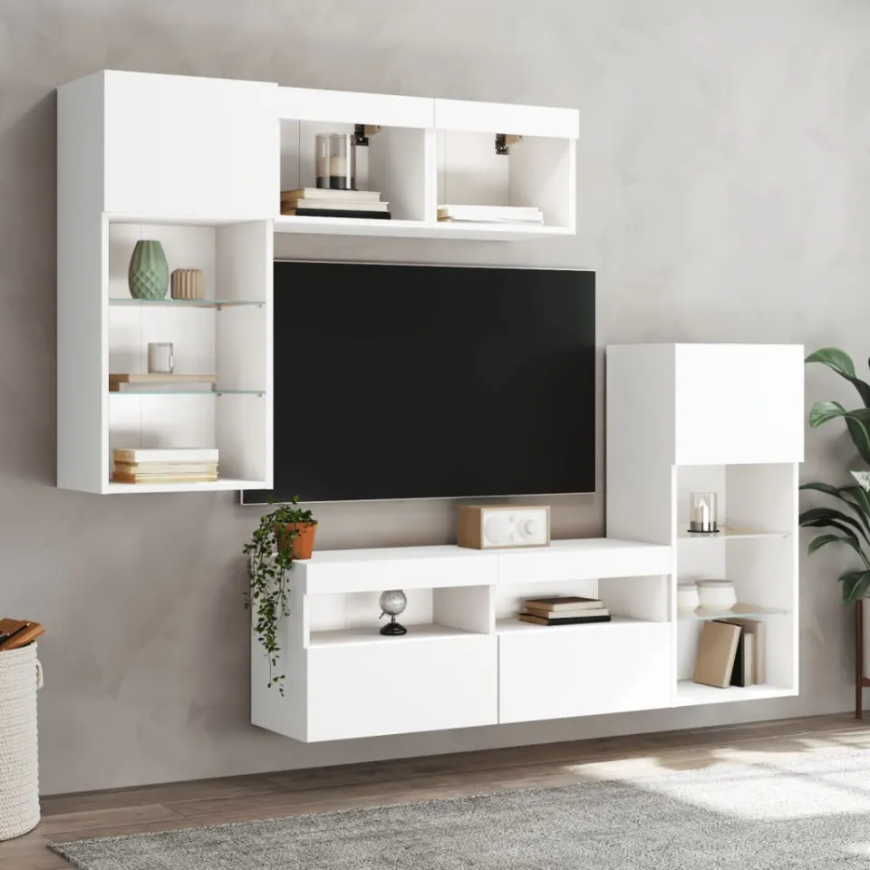 vidaXL 5-delige Tv-wandmeubelset met LED-verlichting bewerkt hout wit, foto 3