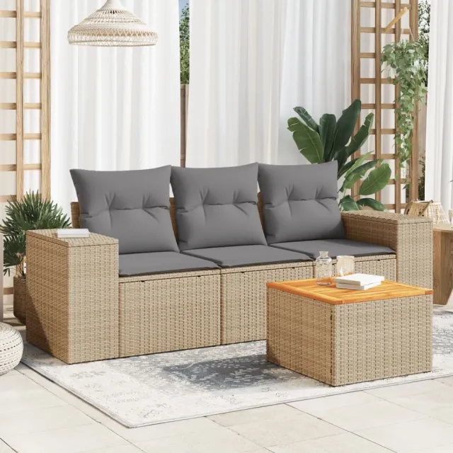 vidaXL 4-delige Loungeset met kussens poly rattan beige, foto 2