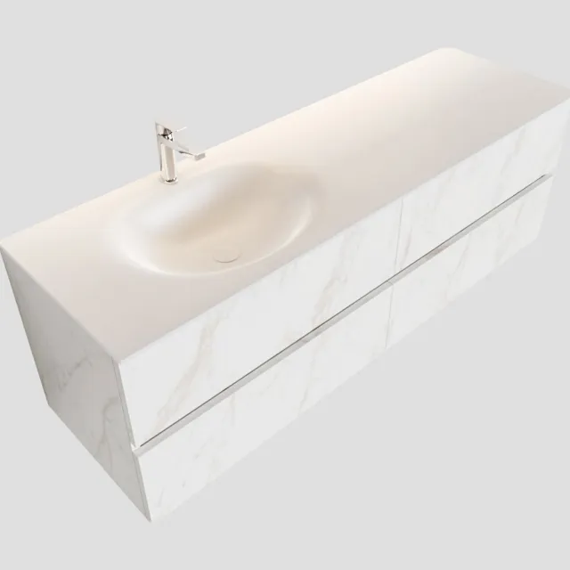 Boss & Wessing Badkamermeubel BWS Valencia Carrara Mat 150 cm Solid Surface Wastafel Links (1 kraangat, 4 lades)