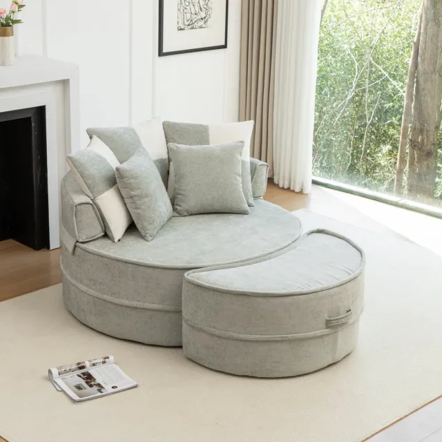 OKWISH Chaise Longue 121 Cm - Ronde Loungestoel Met Hocker En 5 Kussens - Voor Woonkamer Of Slaapkamer - Chenille - Mintgroen