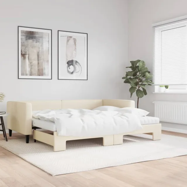 vidaXL Slaapbank met onderschuifbed en matrassen 90x200 cm stof crème
