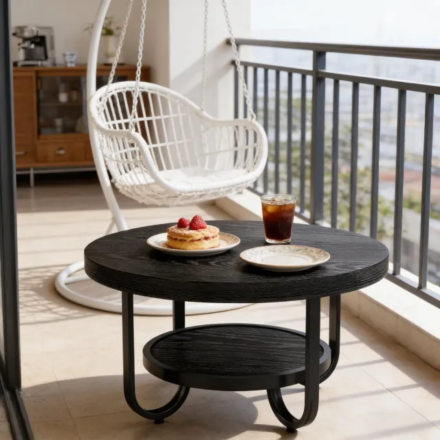 HAUSS SPOLE Salontafel - Rond Met 2 Niveaus En Opbergplank - Voor Woonkamer En Kantoor - MDF En Metaal - 79 Cm - Zwart