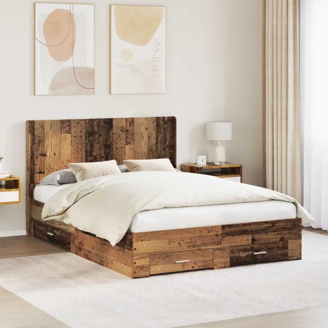 vidaXL Bedframe met opbergruimte en hoofdbord Oud hout Bewerkt hout Bruin