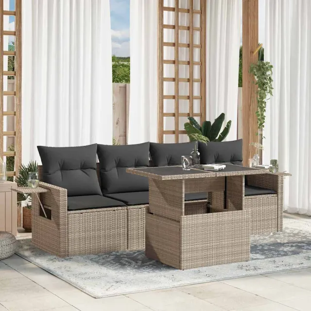 vidaXL 5-delige Loungeset met kussens poly rattan lichtgrijs grijs, foto 2