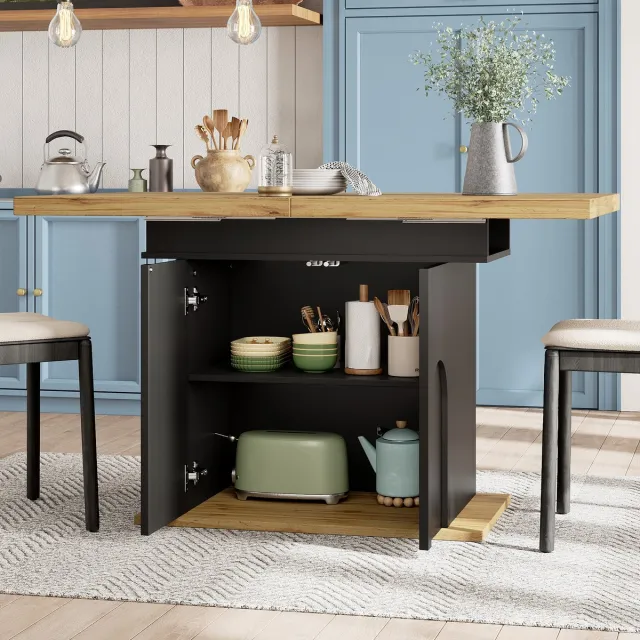 MODENUIT Eettafel - Uitschuifbaar Met Opbergruimte - Voor Keuken En Woonkamer - MDF Metaal - 110-140x80x76 Cm Zwart