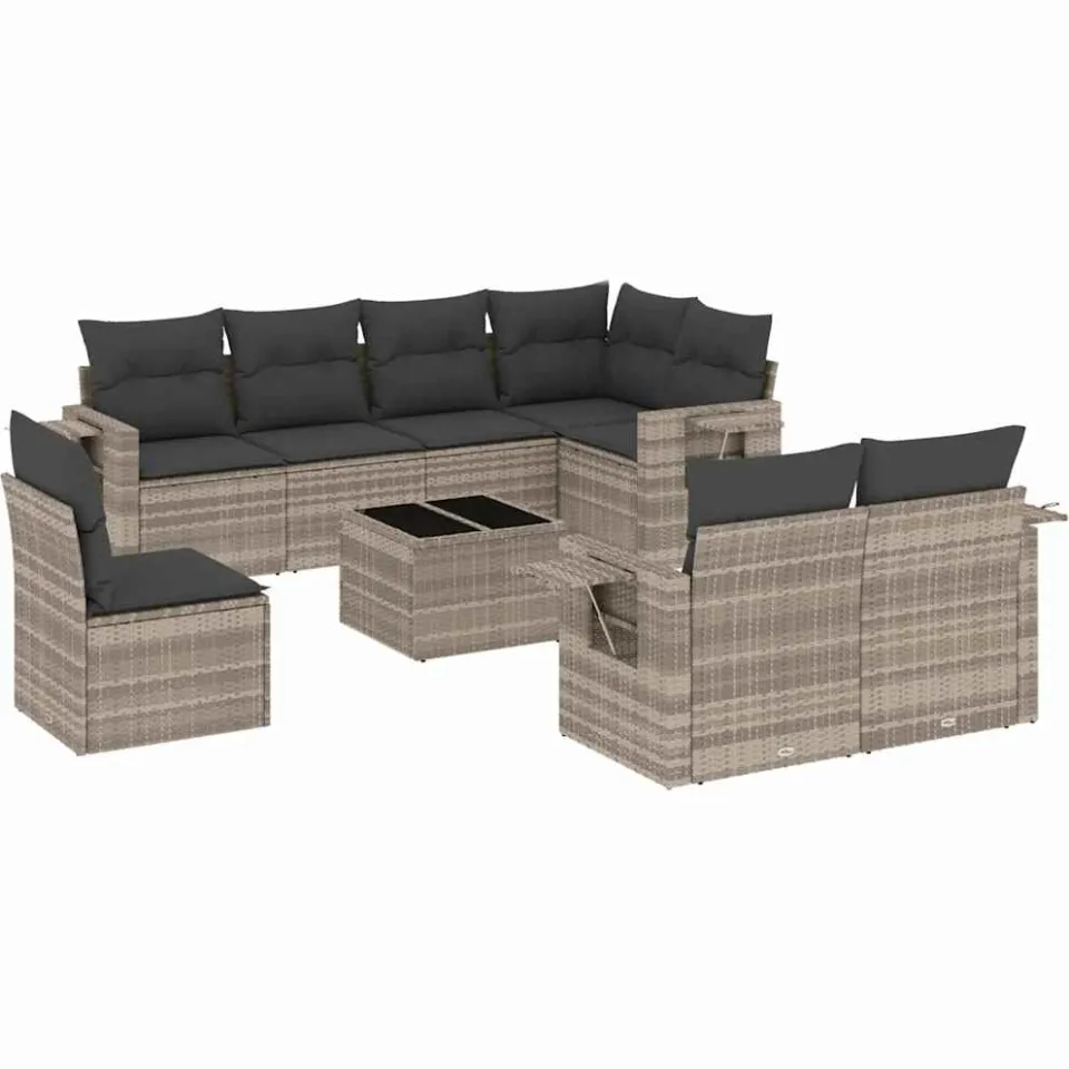 vidaXL 9-delige Loungeset met kussens poly rattan lichtgrijs grijs