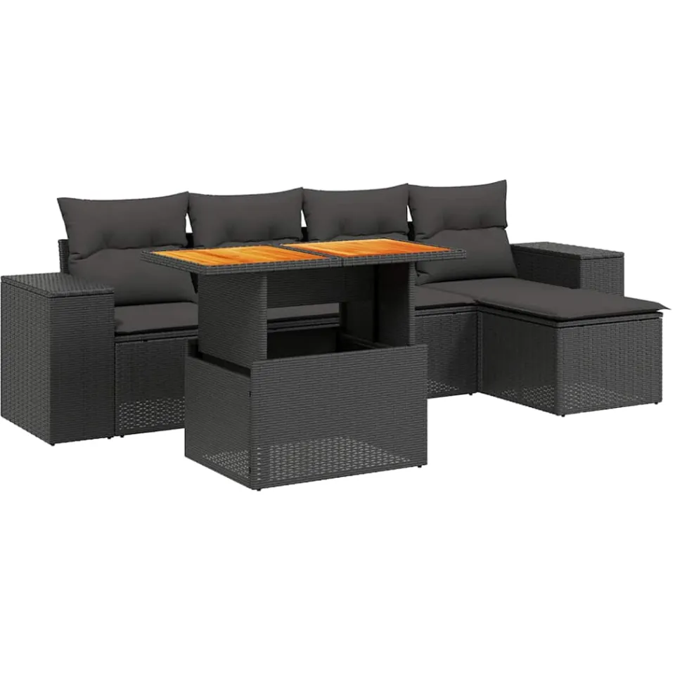 vidaXL 6-delige Loungeset met kussens poly rattan zwart