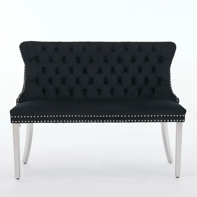 SONNENH Eetbank voor 2 personen - Zwart velvet - Knopenrug en zilverkleurige metalen poten - 116 cm breed Zwart met zilverkleurige poten