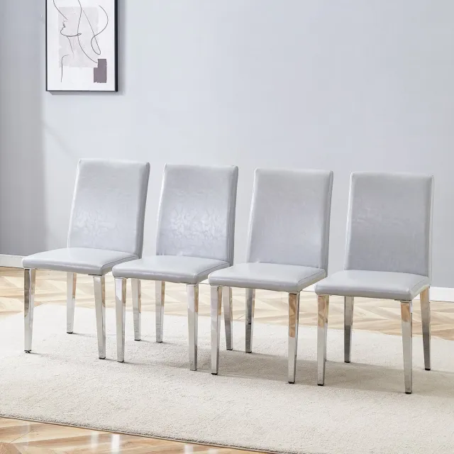 OKWISH Eetkamerstoel Set Van 4 90 Cm - Ergonomische Rugleuning En Onderhoudsvriendelijk - Voor Eetkamer En Woonkamer - Metaal En Pukunstleer - Lichtgrijs Zilver Lichtgrijs + zilver