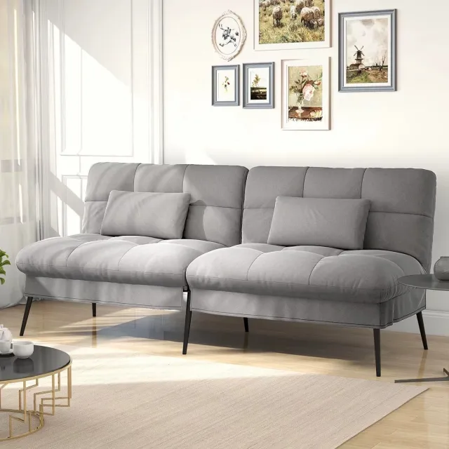 Whoopr® Futon Slaapbank 3-Zits – Uitklapbare Slaapbank / Sofa Sleeper – Verstelbare Rugleuning – Stoffen Bank – Geschikt als Hoekbank en Gastenbed - 174x102x42 cm - Grijs