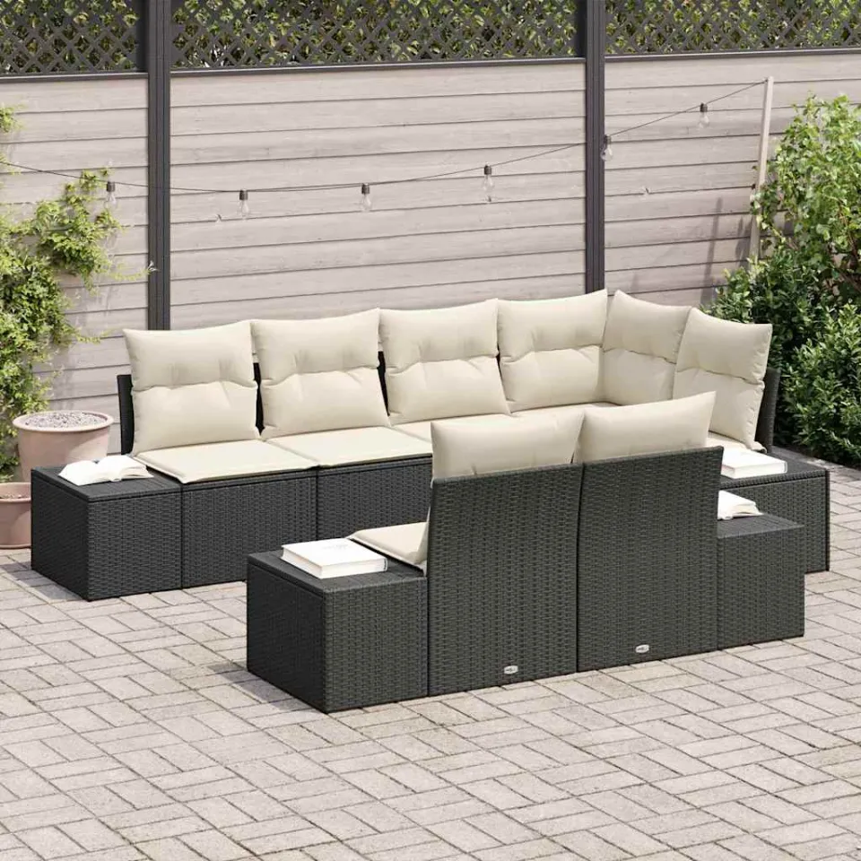 vidaXL Tuinbankenset 7 st Zwart en Crème poly rattan